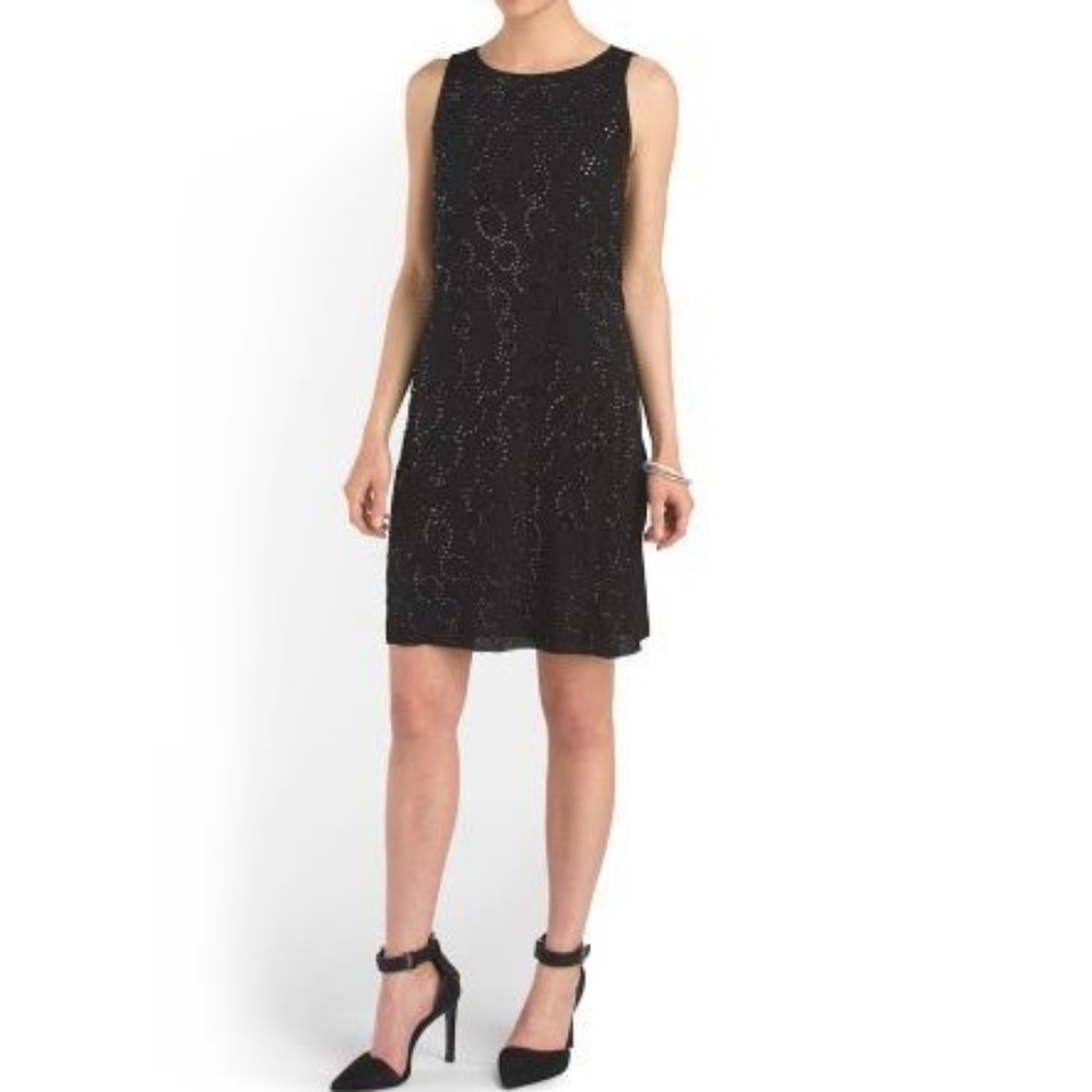 DVF Diane Von Furstenberg Beaded-Front Sleeveless Silk Shift Dress, Black